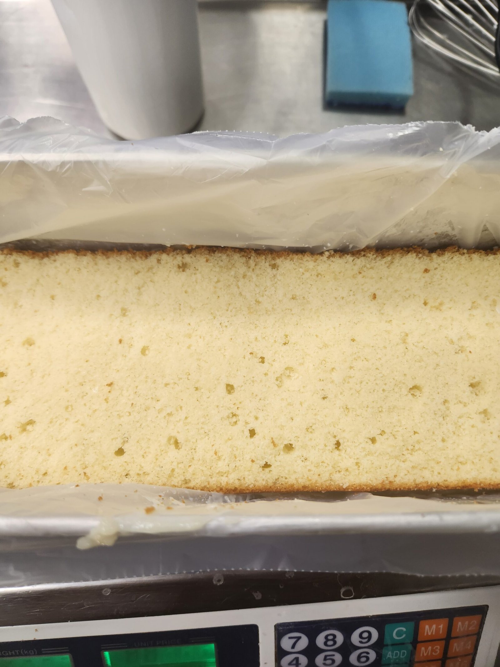 Pão de ló assado antes da montagem — o miolo de alvéolo fino e regular é o que sustenta o peso das camadas acima.