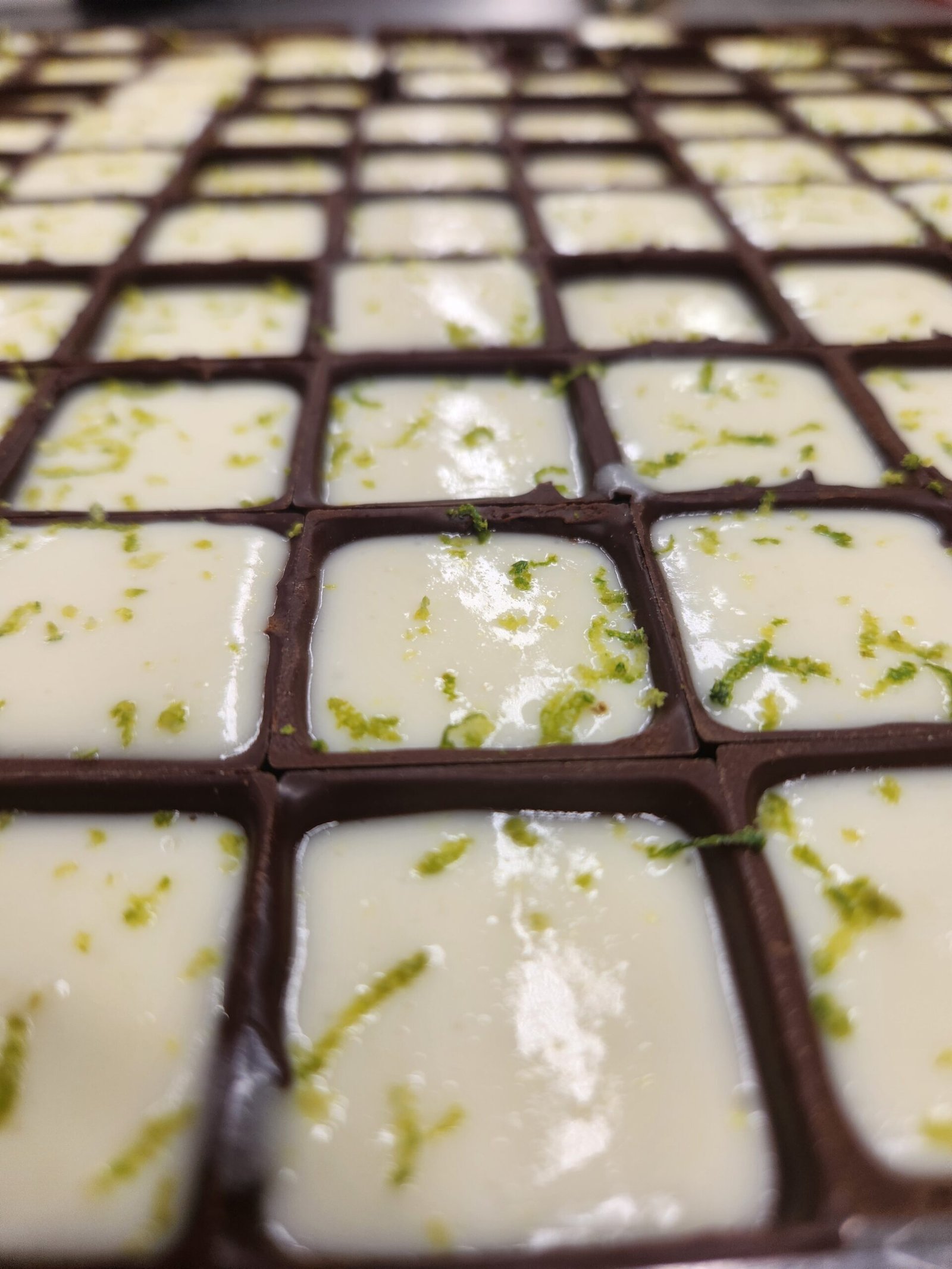 vista rasante da placa de bombons quadrados, com a parede de chocolate entre uma cavidade e outra em primeiro plano
