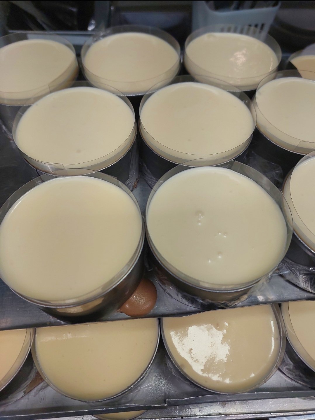 fileiras de aros idênticos com base clara já nivelada, assentando na geladeira (substituto aproximado: mesma comparação lado a lado de porções idênticas)