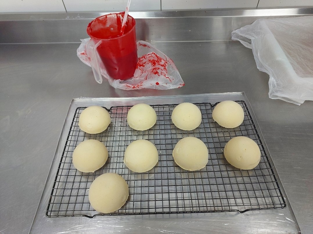 domos congelados recém-desmoldados sobre grade, cúpulas íntegras e lisas, ainda sem cobertura