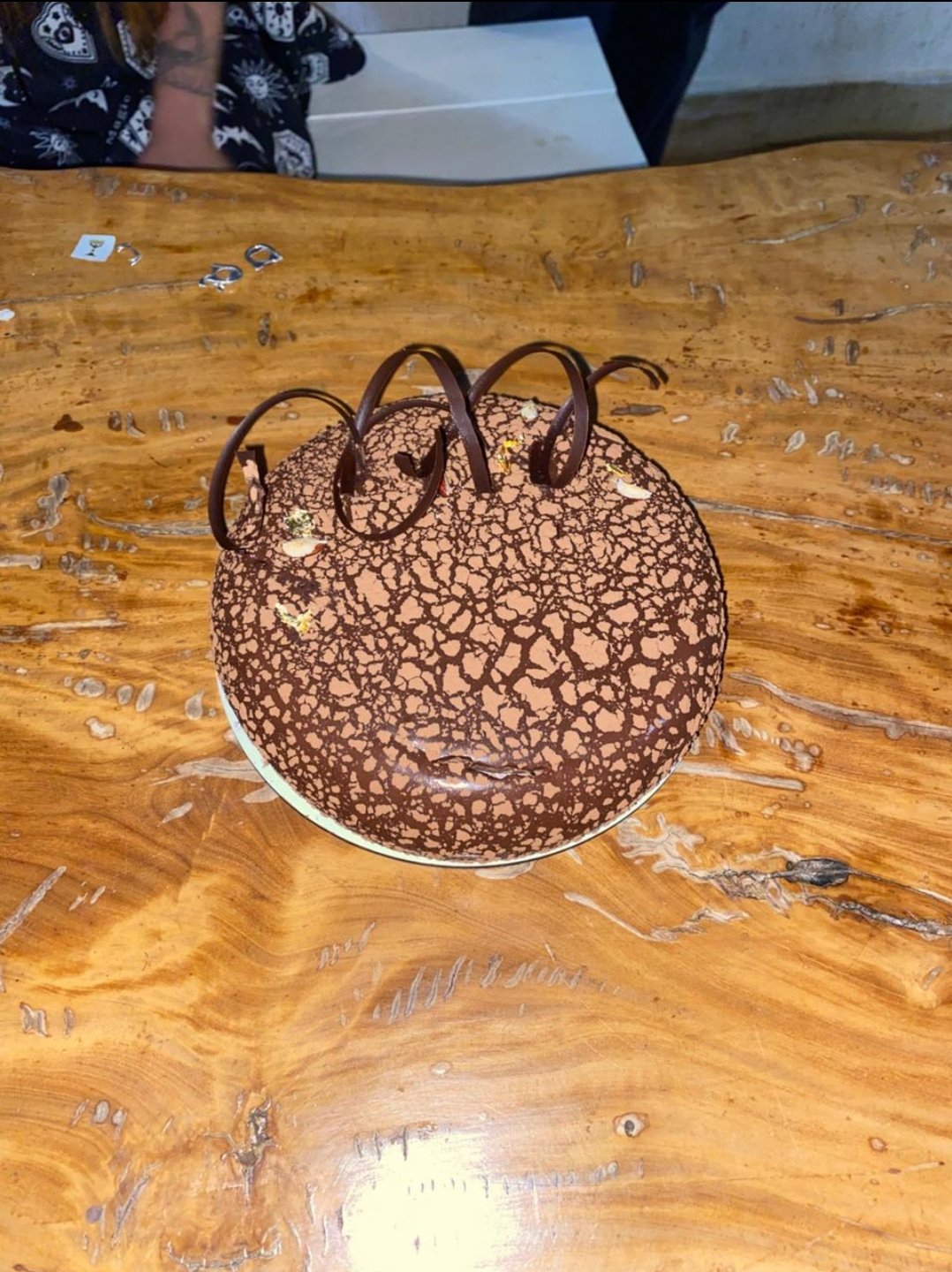 entremet redondo com superfície craquelada em chocolate e cacau, coroado por arcos curvos de chocolate escuro e pétalas secas