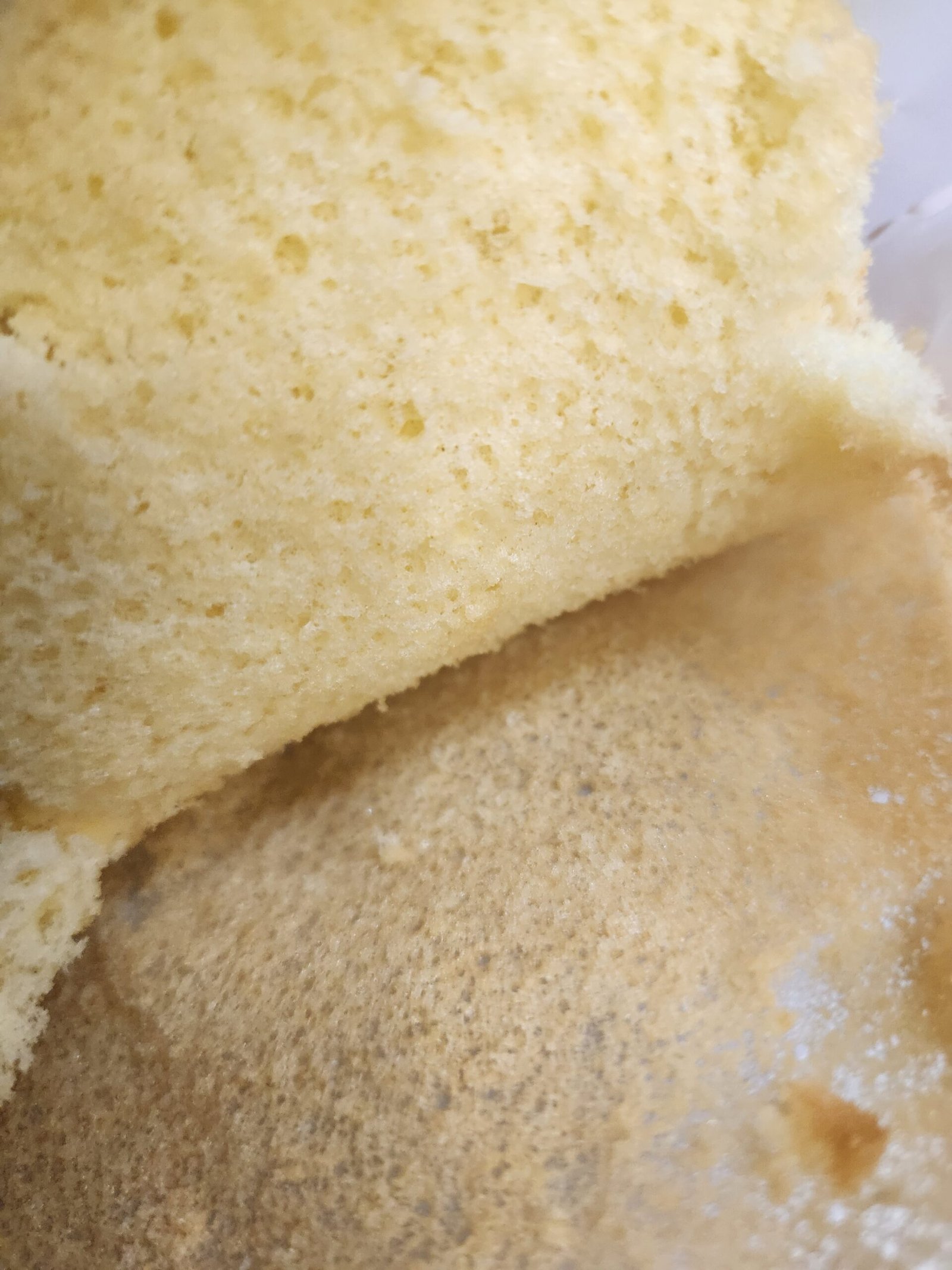 Miolo de pão de ló aberto: os alvéolos são as bolhas que o gás e o vapor inflam no forno e que precisam firmar no esfriamento